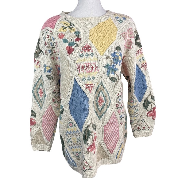 Floral Geometric Knit Sweater L cotton ramie vintage honeycomb chunky knit - Picture 1 of 13